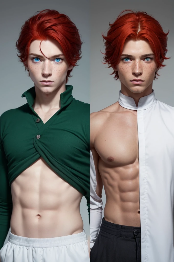 Make a standing man with red hair , freckles , eyes with heterochromia, one blue eye and the other green and fair skin