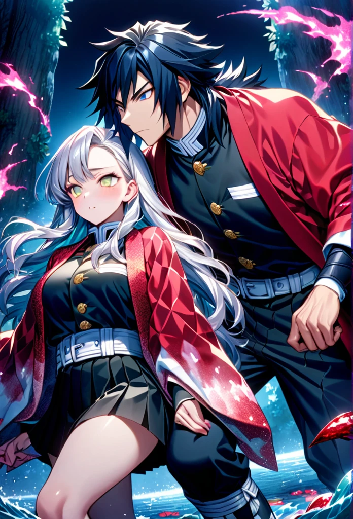 Ultra detailed, high resolution, absurd, HDR, masterpiece, anime girl and boy, beautiful woman (with long white hair with deep red streaks, woman (with yellow eyes), the woman (is wearing a red haori), long hair woman, in black demon slayer corps uniform, Kimetsu No Yaiba, fantasy, handsome, Tomioka Giyu, Hashira, Tomioka haori, Tomioka is serious and focused, couple, night, forest, best quality, extremely detailed face, anime, the woman is really hurt, the woman is covered in blood ,Tomioka is a strong man, the woman is angry, Tomioka Giyu is trying to protect the pretty woman, Tomioka is protecting his lover, both are powerfull, powerfull couple, water and blood power, katanas