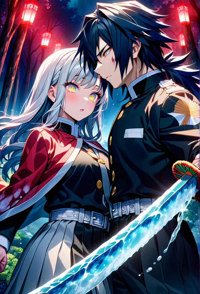 Ultra detailed, high resolution, absurd, HDR, masterpiece, anime girl and boy, beautiful woman (with long white hair with deep red streaks, woman (with yellow eyes), the woman (is wearing a red haori), long hair woman, in black demon slayer corps uniform, Kimetsu No Yaiba, fantasy, handsome, Tomioka Giyu, Hashira, Tomioka haori, Tomioka is serious and focused, couple, night, forest, best quality, extremely detailed face, anime, the woman is really hurt, the woman is covered in blood ,Tomioka is a strong man, the woman is angry, Tomioka Giyu is trying to protect the pretty woman, Tomioka is protecting his lover, both are powerfull, powerfull couple, water and blood power, katanas