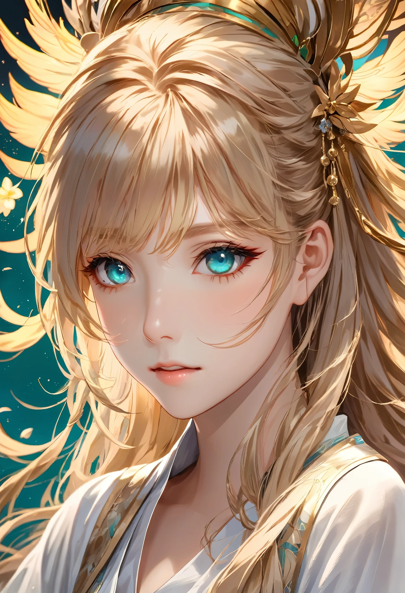 ((Highest quality)), ((masterpiece)), (detailed), ((Perfect Face)), One Girl,Anime girl with long blonde hair and dark turquoise eyes in a white dress, Trending on cgstation, artwork in the style of Gwaiz, Gwaiz, Smooth anime CG art, detailedなデジタルアニメアート, Anime Goddess, Fantasy art style, palace , Girl in Hanfu, Beautiful young wind spirit, Beautiful Anime Girls, ! Dream Art Germ, Beautiful anime portraits、look up、Looking up