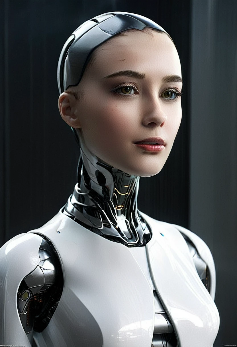 "Design a sleek and alluring female humanoid robot with a modern and sophisticated aesthetic, inspired by the graceful yet enigmatic nature of Ava from the movie Ex Machina. Emphasize seamless integration of human-like features with cutting-edge technology, capturing a sense of elegance and intrigue in your creation."