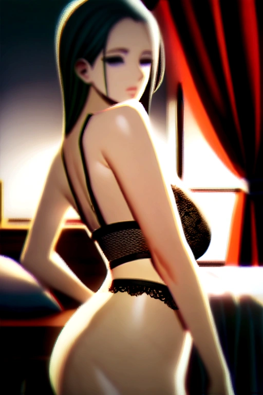 us, onepiece, lace bra, big breasts, lace thong, lace garter belt, lace stockings, medium glutes, bedroom