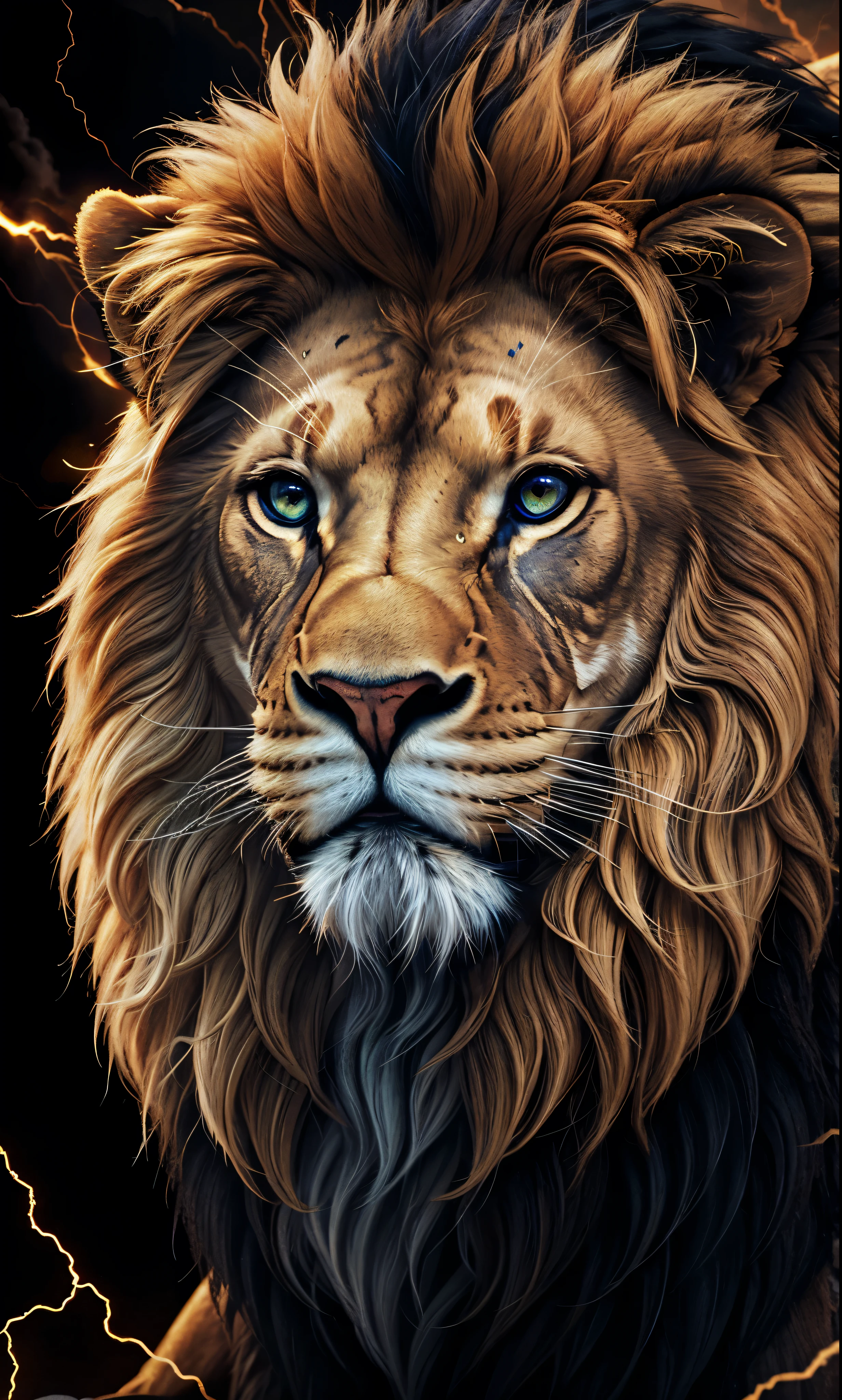 Lion, Divine Lion, naturals, thunder, Realistic Lion, rey, realistic detailed, Sunset light, sky, Sol noturno, realistic detailed 16K, Eletricidade Detalhada 8K, Darkness Background, Texturas realistas de 8K, Cores photorrealistic 8K, fire azul, realistic detailed Fire Bolt, sky Light Detailed, Power of thunder, Realistic Divine, golden crown, golden crown, golden crown, naturey, Linda, Rendering, photorrealistic, UltraHigh definition, 4K, detailed textures, thunder, detailed shadows, detailed colors, neon blue, blue light, lightning strikes, blue power, naturey Linda, Great Divine, peaceful face, naturalss, lightning strike, Electric Power Screw, detailed contrast, realistic contrast, high resolution, detailed colors, fire, villany, divine creature, 8K FullHD, realistic detailed, 16K, 8K, High definition, detailed contrast, realistic contrast, high resolution, detailed colors, fire, villany, divine creature, 8K Realistic Lion Face, realistic detailed, chic, elegance