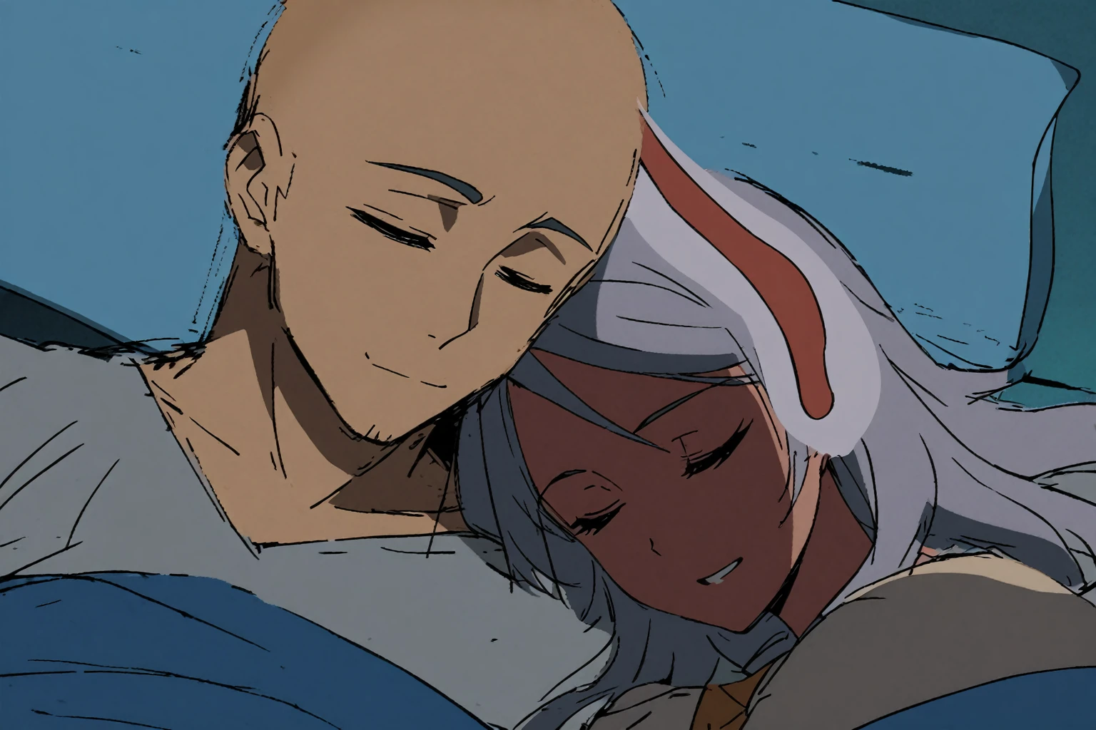 anime drawing, , a man and a woman asleep on each other's shoulders, anime style, a bald man, a woman with long white hair and brown skin and rabbit ears, tender, romantic,