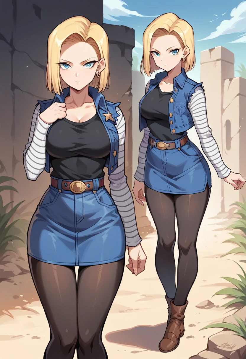 best qualityer, high resolution, E18, 1 girl, Android 18, standing alone, hair blonde, blue colored eyes, waist belt, blue demin bodycon micro skirt, gold collar, black jersey, shorth hair, long sleeves, white striped sleeves, aretes, open vest, blue denim vest, breasts big, cowboy shot, forst, ever forward, (climate: windy), Combat posture, full length pantyhose, Battle ruins, Broad Hips, sorriso tshy,(((hot in several positions))).