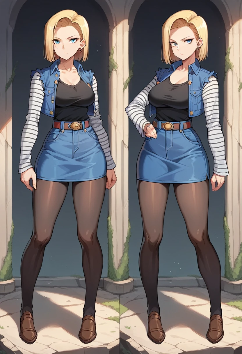 best qualityer, high resolution, E18, 1 girl, Android 18, standing alone, hair blonde, blue colored eyes, waist belt, blue demin bodycon micro skirt, gold collar, black jersey, shorth hair, long sleeves, white striped sleeves, aretes, open vest, blue denim vest, breasts big, cowboy shot, forst, ever forward, (climate: windy), Combat posture, full length pantyhose, Battle ruins, Broad Hips, sorriso tshy,(((hot in several positions))).