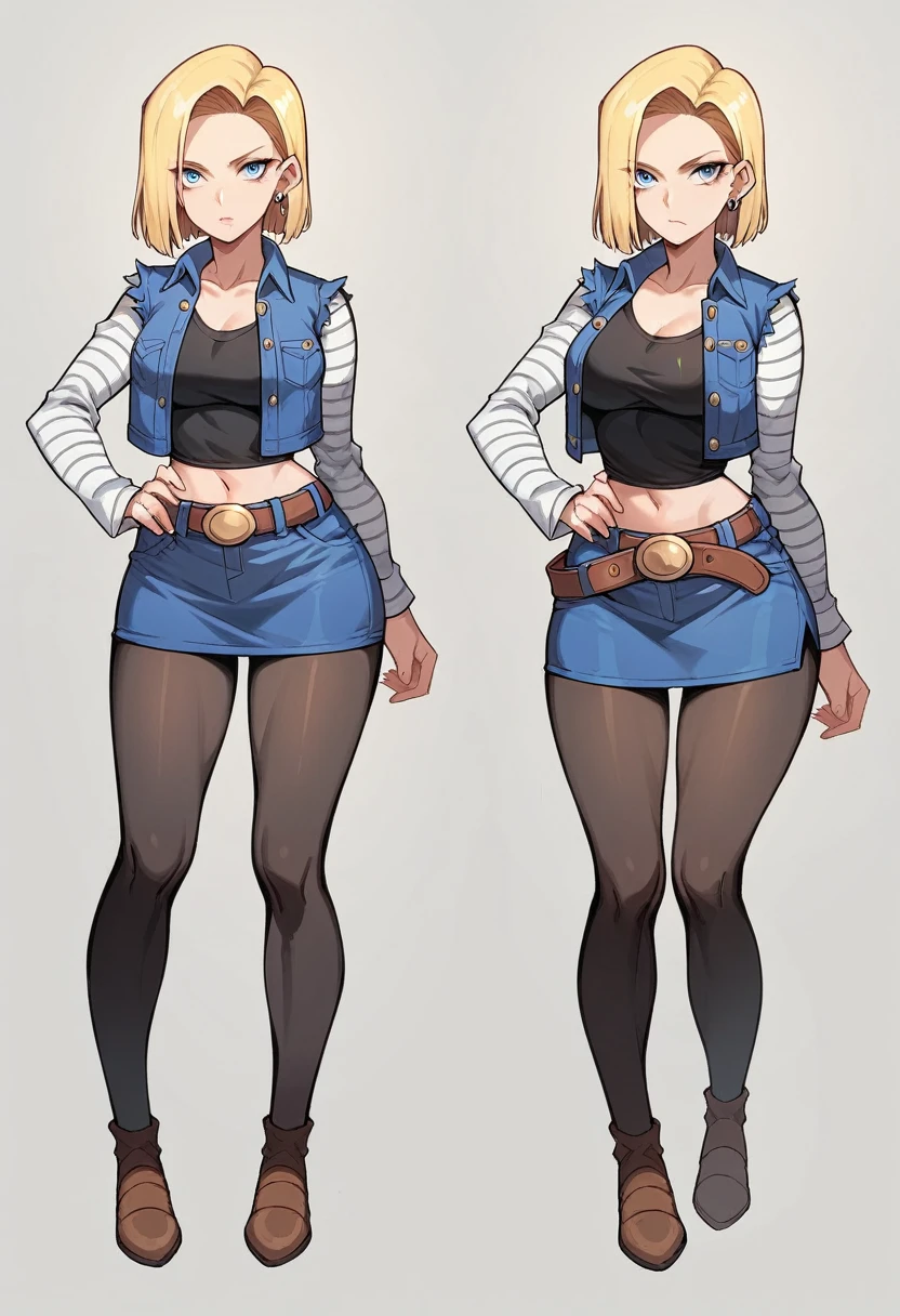 best qualityer, high resolution, E18, 1 girl, Android 18, standing alone, hair blonde, blue colored eyes, waist belt, blue demin bodycon micro skirt, gold collar, black jersey, shorth hair, long sleeves, white striped sleeves, aretes, open vest, blue denim vest, breasts big, cowboy shot, forst, ever forward, (climate: windy), Combat posture, full length pantyhose, Battle ruins, Broad Hips, sorriso tshy,(((hot in several positions))). 