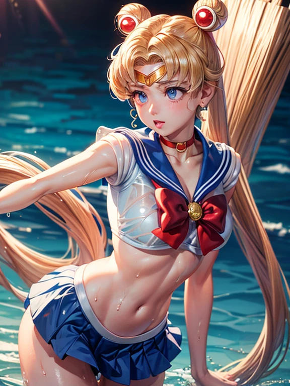 Sailor moon, ( body  shot ), stripping, wet bikini, orgasam, very seductive expression, very cute, cute, bikini, see through, clevage, wet,seductive pose, ultra high quality, ultra high definition, ultra realistic, 8k, masterpiece