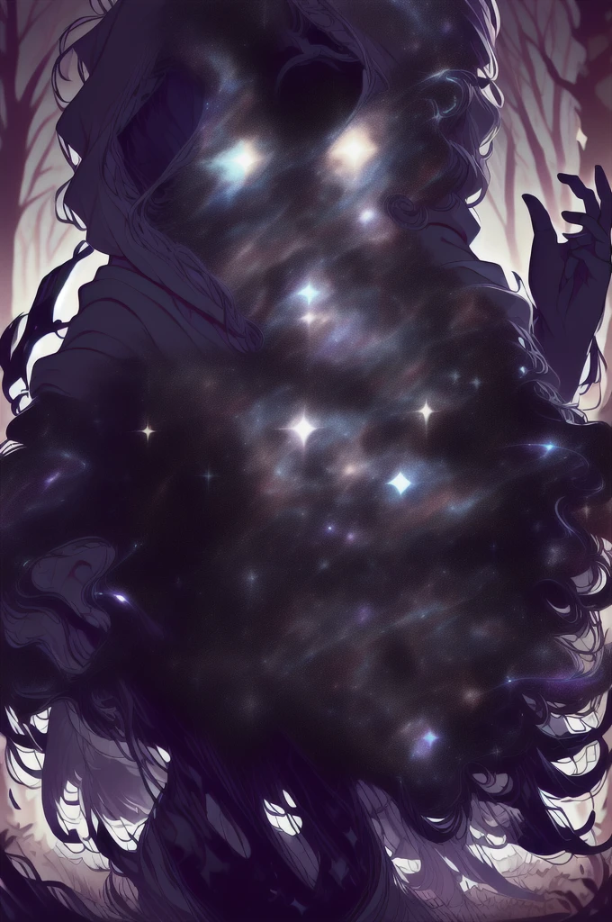 dark celestialskin body , void cosmic body, colored skin, flat color, jet black skin, a white cloak, hood on, holding an open book infront of him, silhouette,1boy,
portrait, upper body,in a forest , front view, holding a book, a flying book, flying pages.