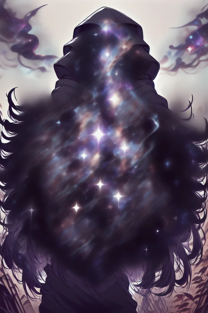 dark celestialskin body , void cosmic body, colored skin, flat color, jet black skin, a white cloak, hood on, holding an open book infront of him, silhouette,1boy,
portrait, upper body,in a forest , front view, holding a book, a flying book, flying pages.