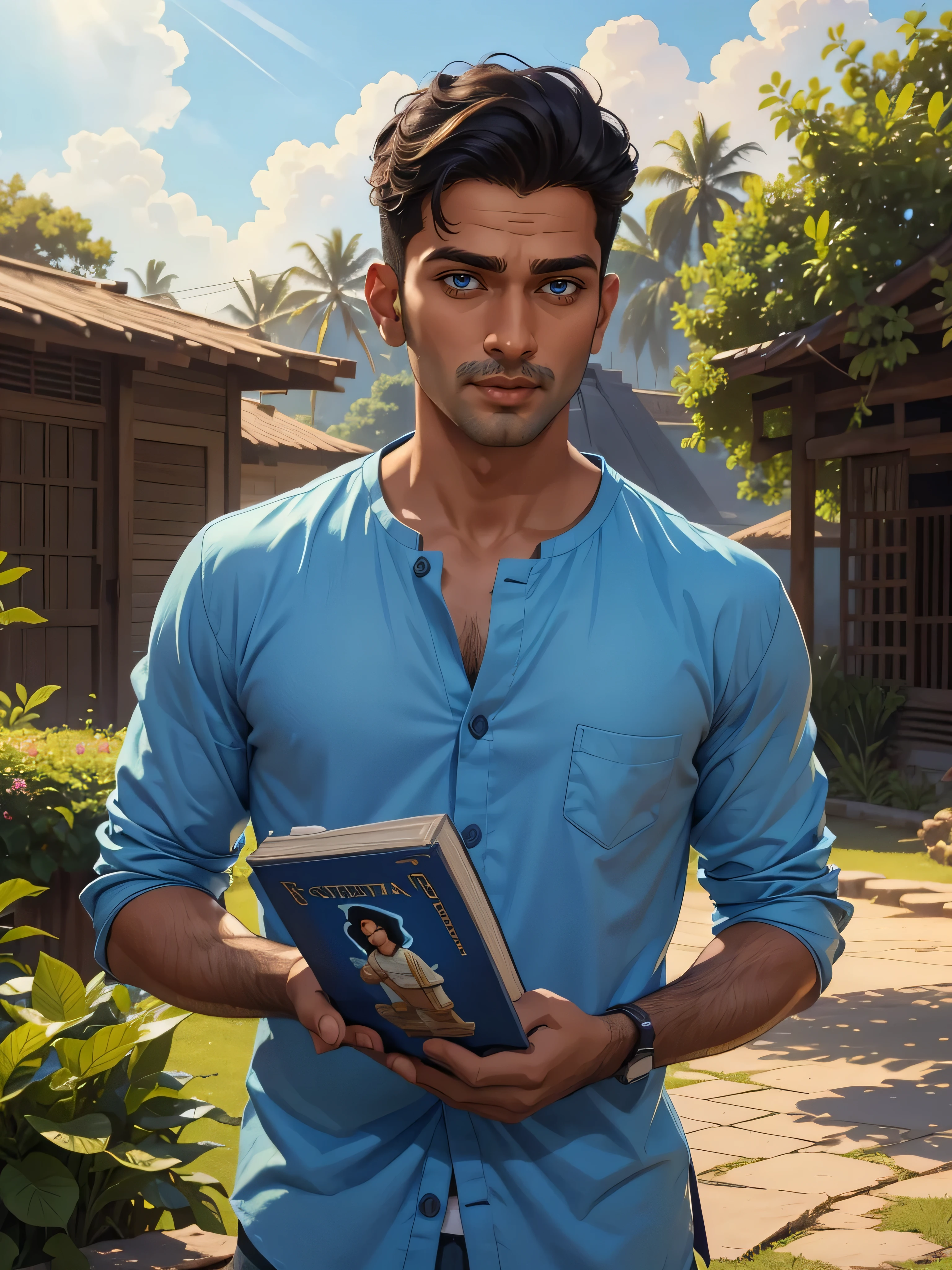 (handsome, beautiful) indian (30year old boy), (wearing) (loose summer shirt), [holding not book]. (Optimistic).

(Photorealistic), (sky blue colors), (ultra-detailed), (masterpiece:1.2), [studio lighting].

Please generate the Stable Diffusion prompt directly without adding any prefix.
