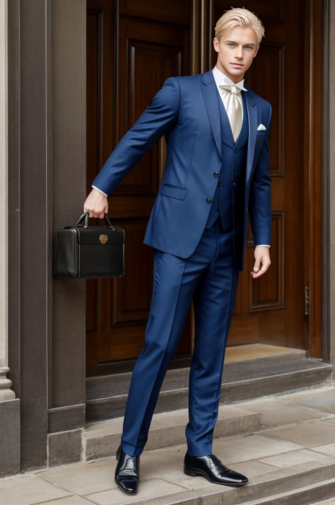 A blond guy with blue eyes. Dressed in butler's clothes. He has an obedient and humble appearance