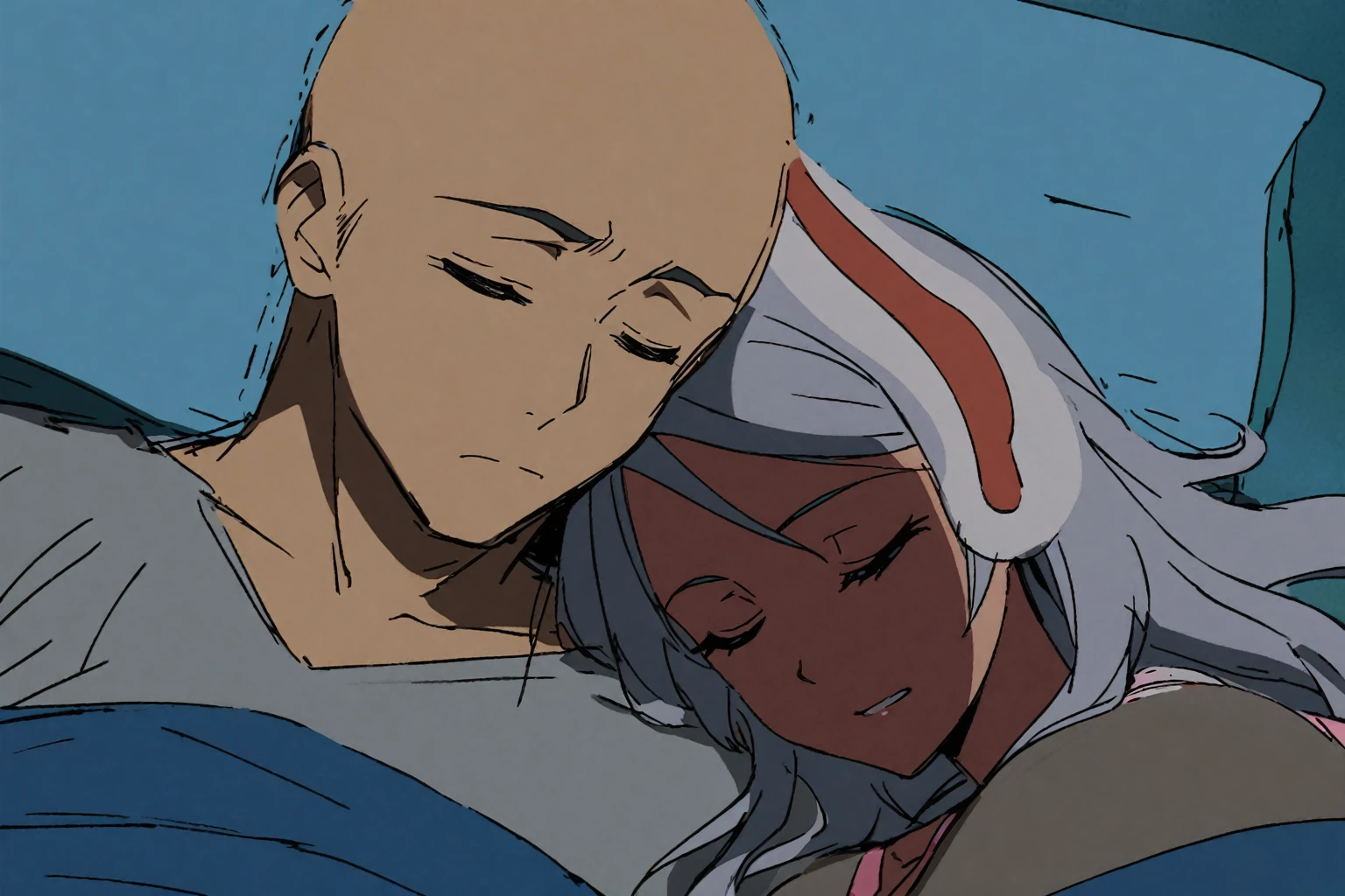 anime drawing, , a man and a woman asleep on each other's shoulders, anime style, a bald man, a woman with long white hair and brown skin and rabbit ears, tender, romantic,