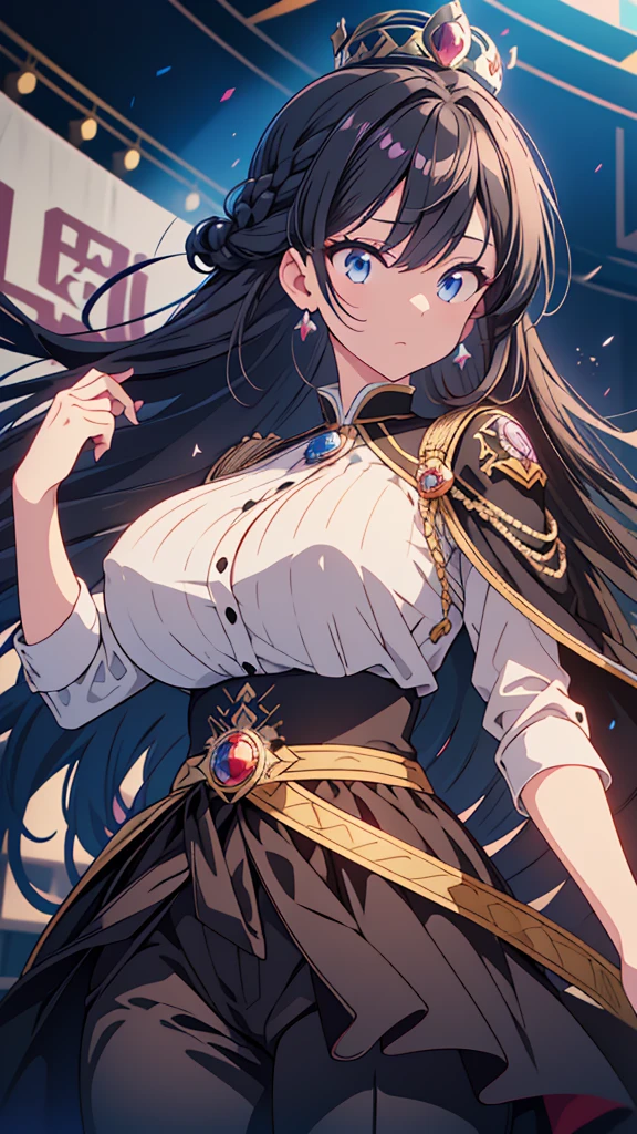 best quality, extremely detailed, anime style adult 1girl, long hair down to the waist, straight hair, ((dark black hair with bluish)), ponybun,crown braid,beautiful detailed eyes, pinched eyes, dark blue eyes, huge breasts,curvy,((((prince clothing)))),trousers,((crown)),Clothes with a lot of cloth area,masculine attire,handsome,((stage)),