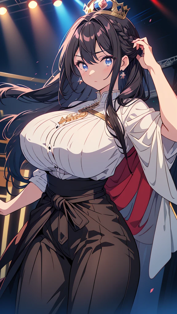 best quality, extremely detailed, anime style adult 1girl, long hair down to the waist, straight hair, ((dark black hair with bluish)), ponybun,crown braid,beautiful detailed eyes, pinched eyes, dark blue eyes, huge breasts,curvy,((((prince clothing)))),trousers,((crown)),Clothes with a lot of cloth area,masculine attire,handsome,((stage)),