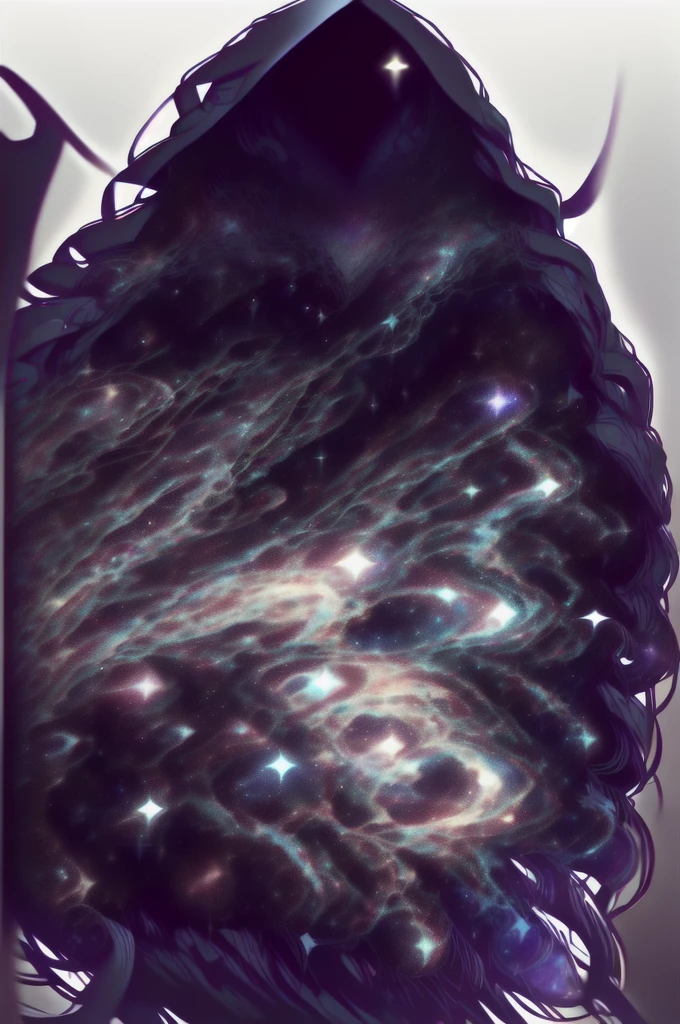 dark celestialskin body , void cosmic body, colored skin, flat color, jet black skin, a white cloak, hood on, holding an open book infront of him, silhouette,1boy, 
portrait, upper body,in a forest , front view, holding a book, a flying book, flying pages.