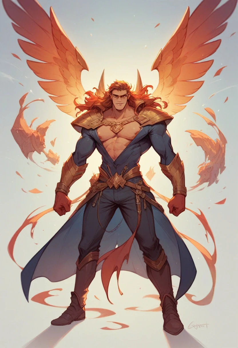 He is an Archangel. He has very long auburn hair that reaches the middle of his back, adorned with a few braids and decorated with feathers. He is extremely tall with a beard and dark brown eyes. He is known as a gentle giant. He is wearing panties and bra.