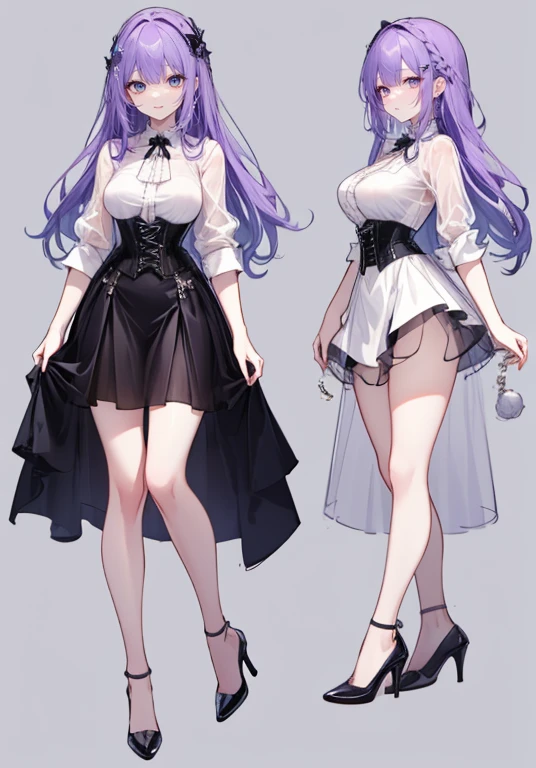 Purple hair,voluminous long hair,Adult female,(suit),See-through shirt,See-through tops,((Roll up your sleeves)),(Corset),(Tight skirt),(high heels),The heel is visible,((Simple background)),Smile,((Full body)),((whole body)),Character Sheet,