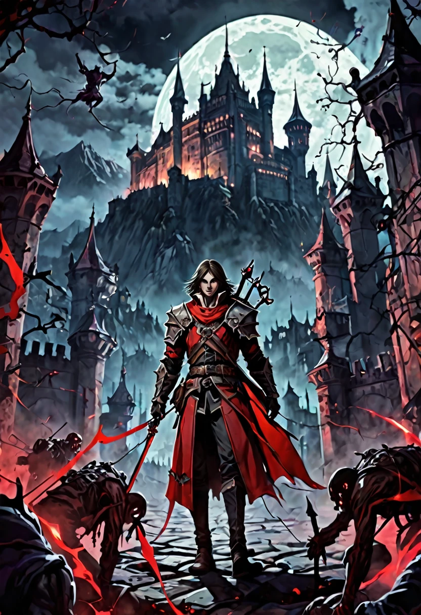 castlevania inspired Archer, creepy ambiance, anime style, horror theme, surrounded by zombies, Dracula's castle backdrop, futuristic fantasy
