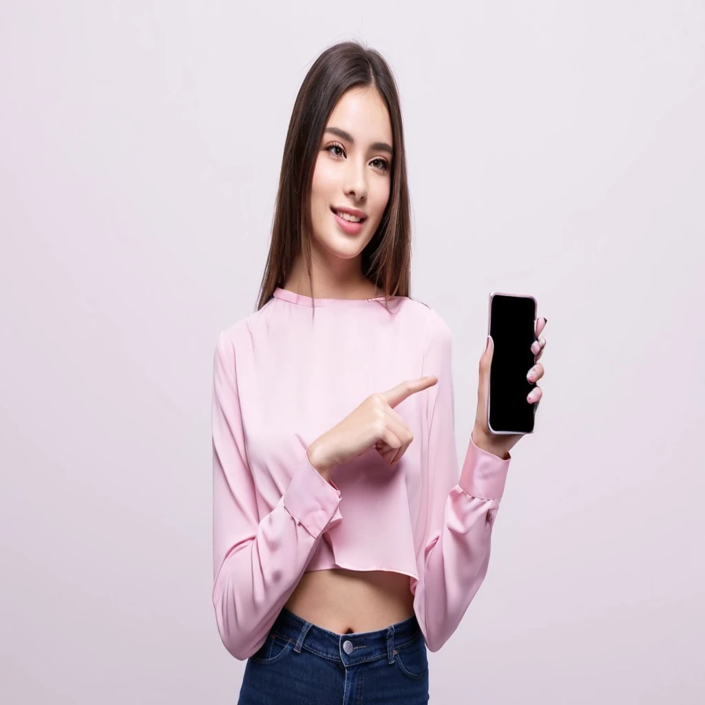 a woman in a pink blouse is pointing at the phone, she is holding a smartphone, holding a very advanced phone, attractive girl, holds a smartphone in one hand, hold up smartphone, smartphone, wearing a cute top, checking her phone, he is holding a smartphone, phone in hand, Attractive woman, wearing a dark shirt and jeans, unique design
