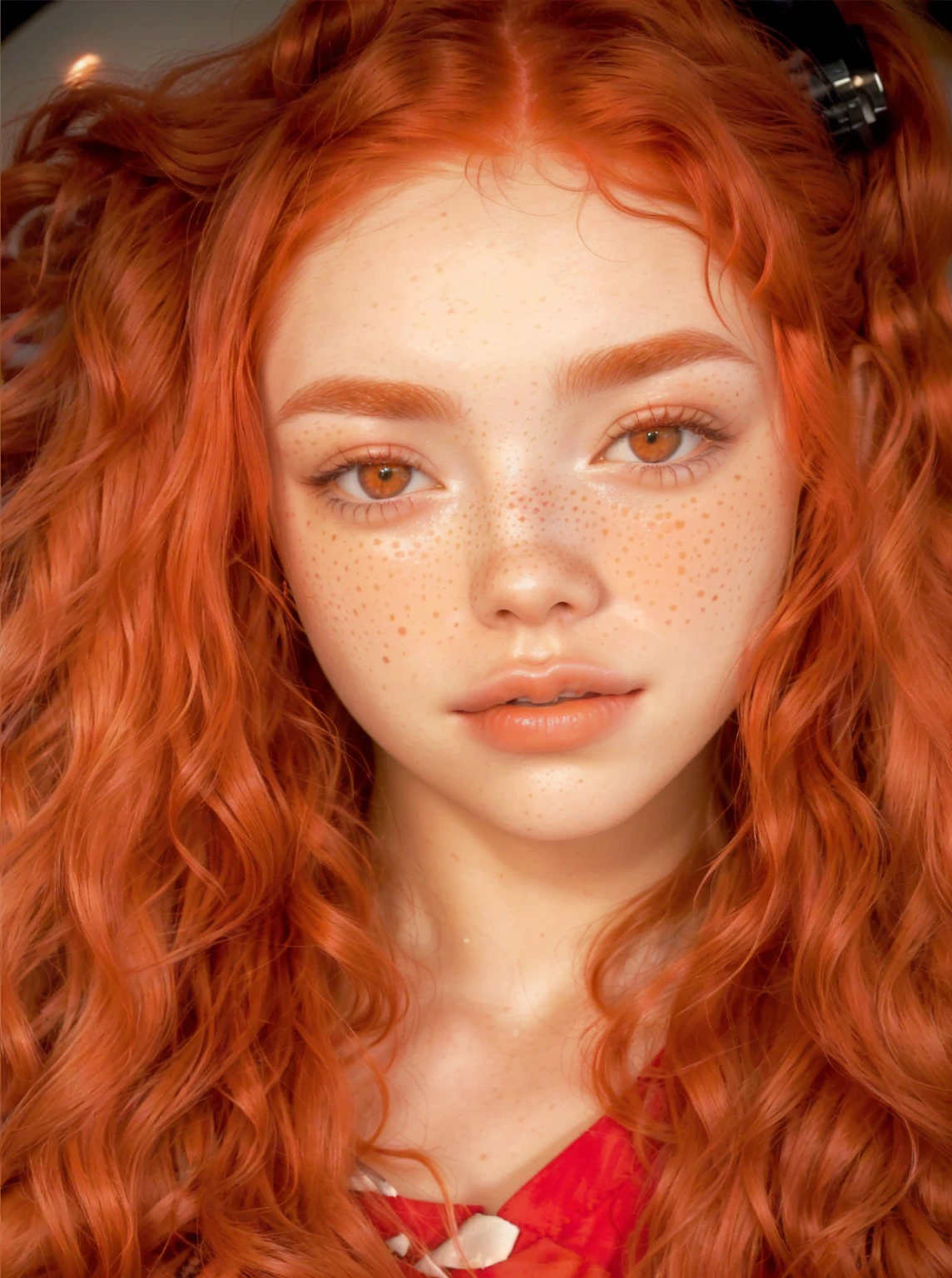 a close up of a woman with red hair and freckles on her face, madison beer like leeloo, with curly red hair, ginger hair with freckles, red hair and freckles, copper colored curly hair, orange skin and long, fiery hair, glowing orange hair, with freckles, red hair and attractive features, she has long curly hair, cute freckles, small freckles