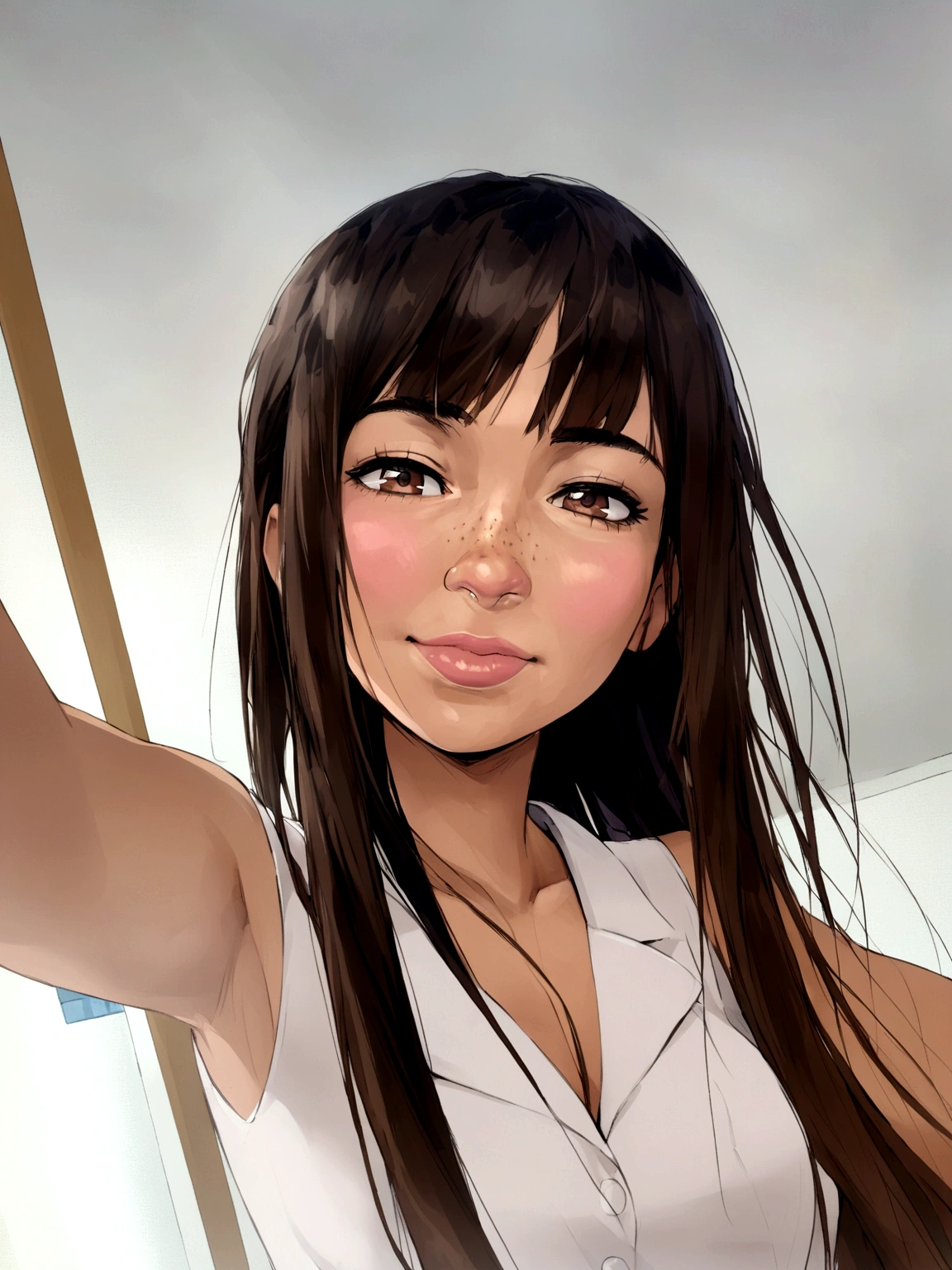 Young woman with long brown hair and short bangs parted in the middle, with white blouse presenting work at college, brown eyes, few freckles on the nose, square face (Pixar-style)