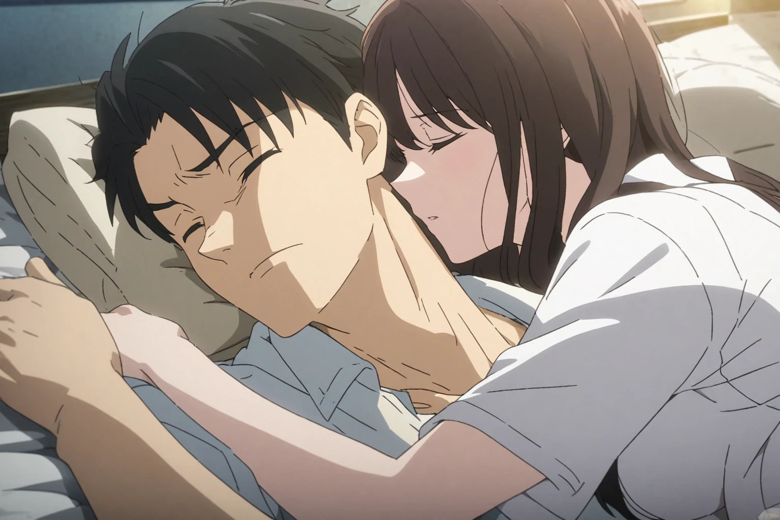anime drawing, , a man and a woman asleep on each other's shoulders, anime style, a bald man, a woman with long white hair and brown skin and rabbit ears, tender, romantic,