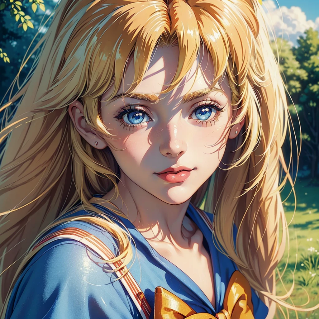 (((Masterpiece ,Best Quality, Highest quality realistic retro anime....))),(((as angelic sailor Venus ))), blue dress, top wo nerae!, 1 girl, alone, ((hyper realistic long light blonde )), looking at the viewer, SMILE, Hits,highly detailed light blue eyes shirt, Closed mouth, very light blonde hair , exterior, sky, day, cloud, tree, blue sky, lips, separate blows, eyelashes, make up, light SMILE, lipstick, portrait, close up, ((retro Best Quality, hyper realistic highest quality artEstiloo)), 1980s ,((fine very light blonde thin hair with very real details))exterior, sky, day, cloud, tree, blue sky, lips, separate blows, eyelashes, make up, light SMILE, lipstick, portrait, close up, ((retro Best Quality, hyper realistic highest quality artEstiloo)), 1980s (realistic style)