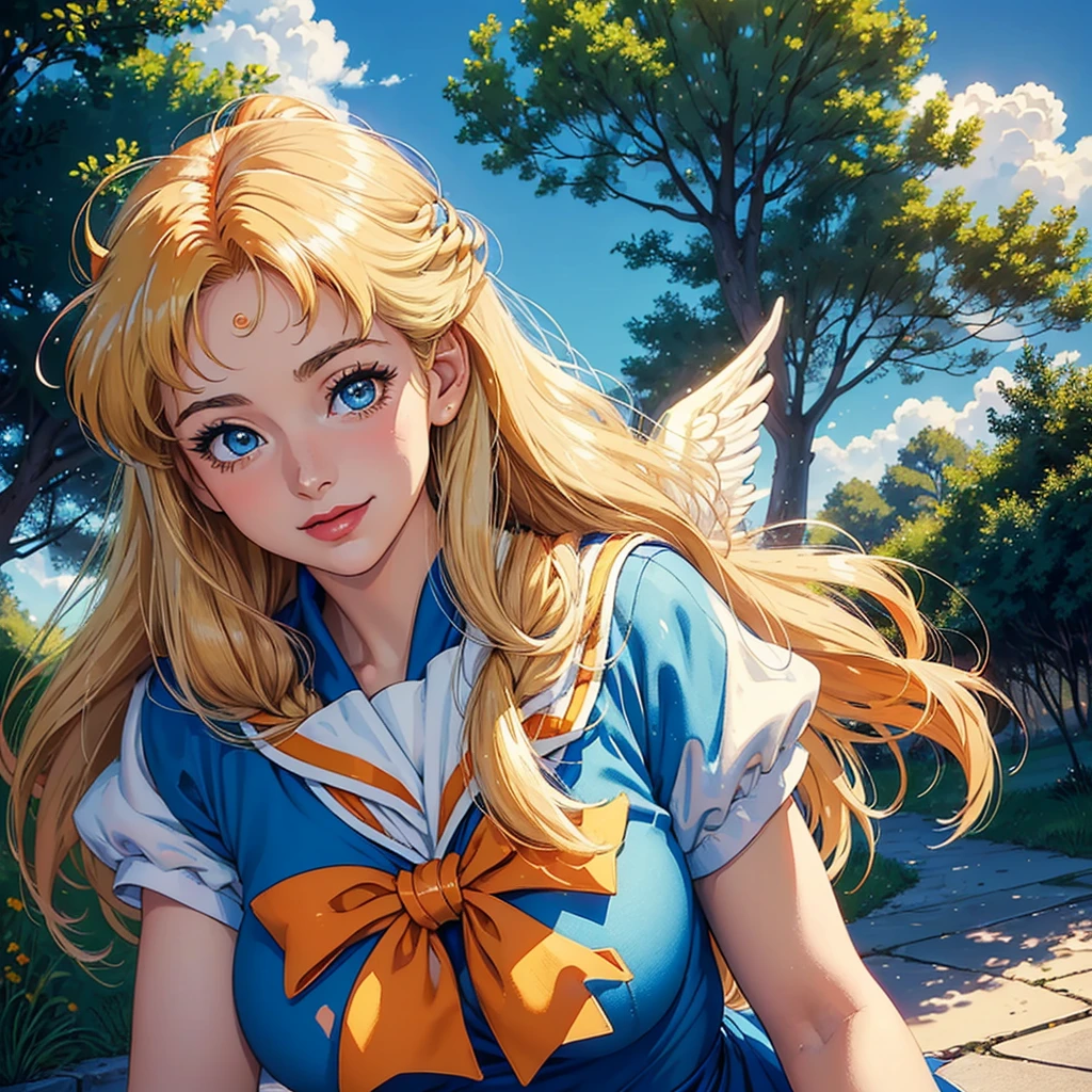 (((Masterpiece ,Best Quality, Highest quality realistic retro anime....))),(((as angelic sailor Venus ))), blue dress, top wo nerae!, 1 girl, alone, ((hyper realistic long light blonde )), looking at the viewer, SMILE, Hits,highly detailed light blue eyes shirt, Closed mouth, very light blonde hair , exterior, sky, day, cloud, tree, blue sky, lips, separate blows, eyelashes, make up, light SMILE, lipstick, portrait, close up, ((retro Best Quality, hyper realistic highest quality artEstiloo)), 1980s ,((fine very light blonde thin hair with very real details))exterior, sky, day, cloud, tree, blue sky, lips, separate blows, eyelashes, make up, light SMILE, lipstick, portrait, close up, ((retro Best Quality, hyper realistic highest quality artEstiloo)), 1980s (realistic style)