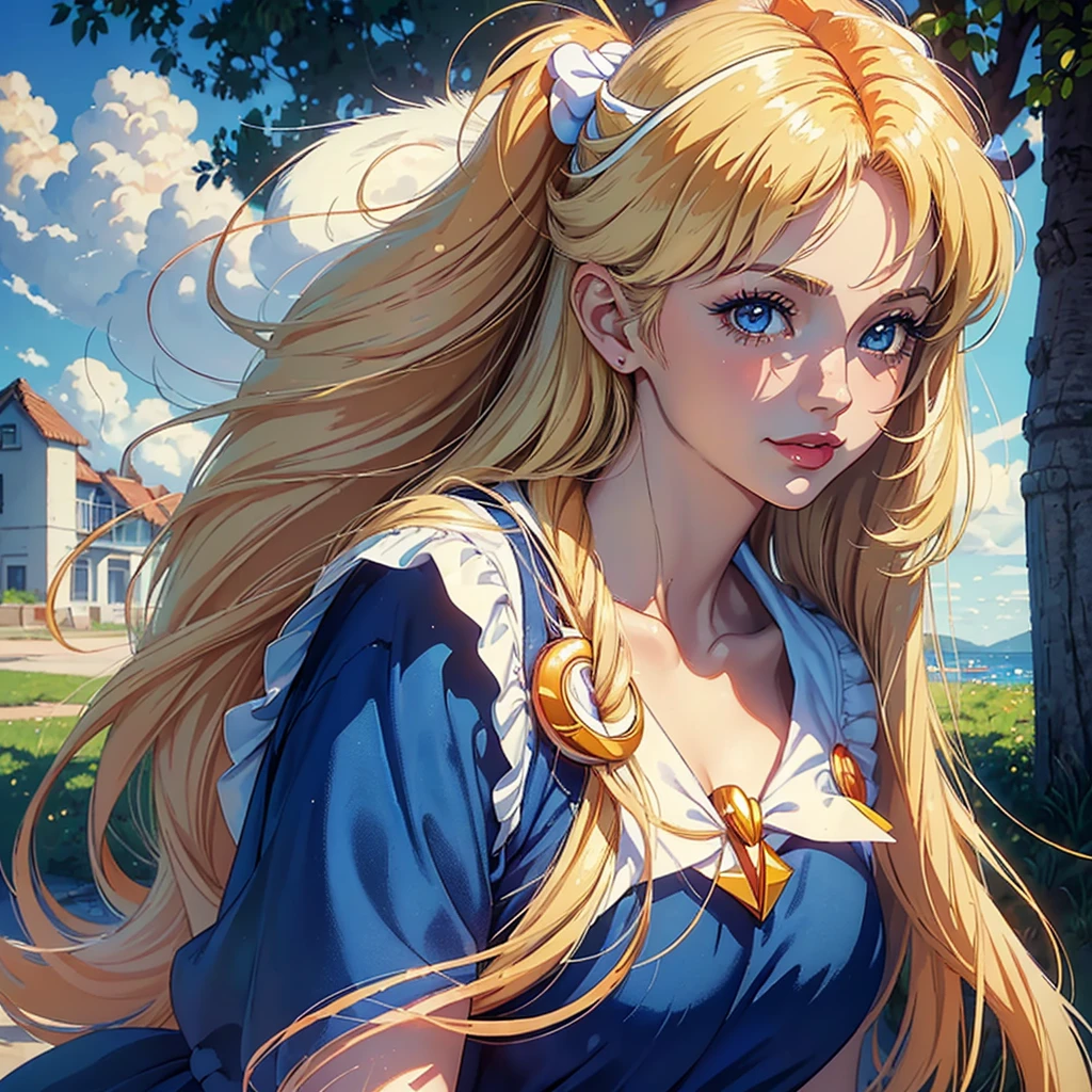 (((Masterpiece ,Best Quality, Highest quality realistic retro anime....))),(((as angelic sailor Venus ))), blue dress, top wo nerae!, 1 girl, alone, ((hyper realistic long light blonde )), looking at the viewer, SMILE, Hits,highly detailed light blue eyes shirt, Closed mouth, very light blonde hair , exterior, sky, day, cloud, tree, blue sky, lips, separate blows, eyelashes, make up, light SMILE, lipstick, portrait, close up, ((retro Best Quality, hyper realistic highest quality artEstiloo)), 1980s ,((fine very light blonde thin hair with very real details))exterior, sky, day, cloud, tree, blue sky, lips, separate blows, eyelashes, make up, light SMILE, lipstick, portrait, close up, ((retro Best Quality, hyper realistic highest quality artEstiloo)), 1980s (realistic style)