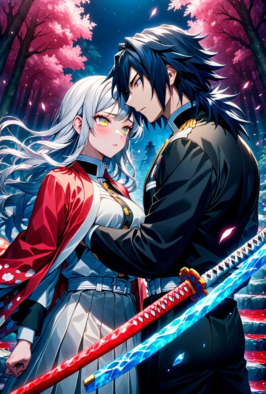 Ultra detailed, high resolution, absurd, HDR, masterpiece, anime girl and boy, beautiful woman (with long white hair with deep red streaks, woman (with yellow eyes), the woman (is wearing a red haori), long hair woman, in black demon slayer corps uniform, Kimetsu No Yaiba, fantasy, handsome, Tomioka Giyu, Hashira, Tomioka haori, Tomioka is serious and focused, couple, night, forest, best quality, extremely detailed face, anime, the woman is really hurt, the woman is covered in blood ,Tomioka is a strong man, the woman is angry, Tomioka Giyu is trying to protect the pretty woman, Tomioka is protecting his lover, both are powerfull, powerfull couple, water and blood power, katanas