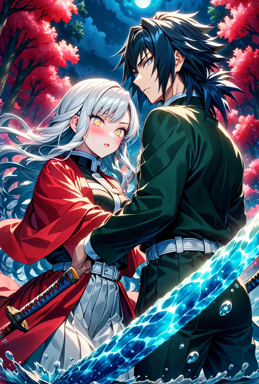 Ultra detailed, high resolution, absurd, HDR, masterpiece, anime girl and boy, beautiful woman (with long white hair with deep red streaks, woman (with yellow eyes), the woman (is wearing a red haori), long hair woman, in black demon slayer corps uniform, Kimetsu No Yaiba, fantasy, handsome, Tomioka Giyu, Hashira, Tomioka haori, Tomioka is serious and focused, couple, night, forest, best quality, extremely detailed face, anime, the woman is really hurt, the woman is covered in blood ,Tomioka is a strong man, the woman is angry, Tomioka Giyu is trying to protect the pretty woman, Tomioka is protecting his lover, both are powerfull, powerfull couple, water and blood power, katanas 