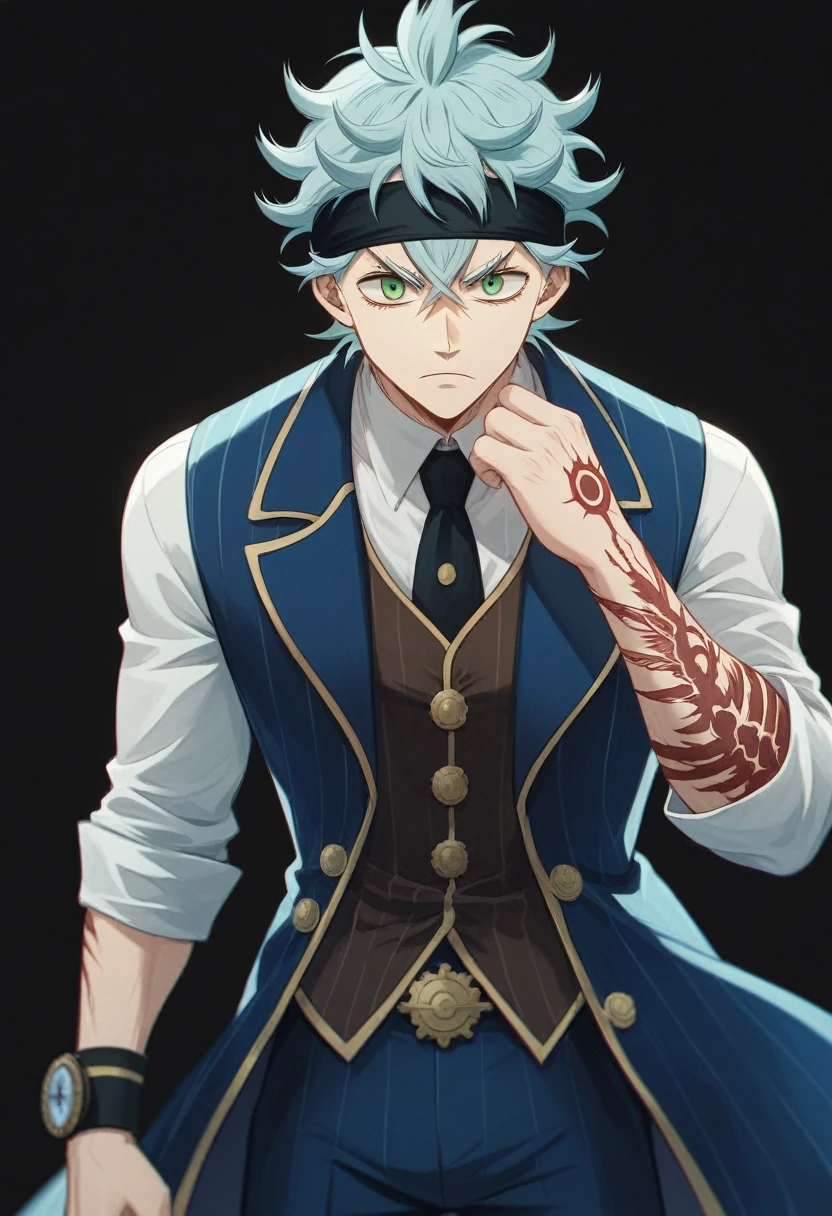 A 19 year old boy, Stay (black clover), spiky hair, messy hair, hair between the eyes, by white, green eyes, black headband, thin arms, upset expression, Un chaleco blue suit with pinstripes, Una camisa de vestir azul claro con las mangas remangadas hStay los codos, Pants matching the vest., blue suit with pinstripes, He wears a watch on his left wrist., many tattoos on the forearms, elegant and casual clothing, epic hike, blood on more hands, alone, black background