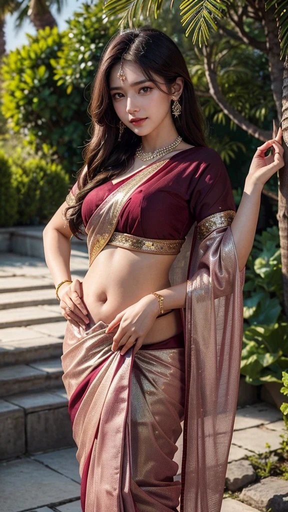 (Masterpiece:1.4), CG Unity 8k walpaper, ((Realistic: 1.2)), Ray Tracing, 64k,a girl 20 years, ((Luxury glitter Burgundy wearing an elegant saree: 1.2)), Beautiful curves on body, Young figure, Super round Young breasts under the saree blouse, black showing, ((beautiful ovel shape belly button)), curly long hair,deep black eyes,shiny red lips,brown skin,lotus flower in her hair, palms decorated with henna,in a blooming garden,bright colorful flowers,green grass,blue sky,sunshine falling on her,peaceful and serene expression,subtle smile on her face,fingers delicately touching flower petals,body language full of grace and elegance, scenic beauty,painting as medium,detailed and vivid,high-resolution image,photorealistic rendering,vibrant colors,soft lighting, [(4 different Poses),(pose 1: Grab hair with both hands, tighten tummy to lift hips,stand side ways),(pose 2: strech your arm,hand on hip, tighten tummy and lift hip),(pose 3: tilt head to smile,put arm behind back,place arm side by leg),(pose 4: title your head to smile,put your hands naturally by your side,stand side ways)], (Detailed poses), (Detailed Dress), (detailed background) , Beautiful human real fingers, beautiful human real hands, Real human natural skin,  [showing tits boobs)