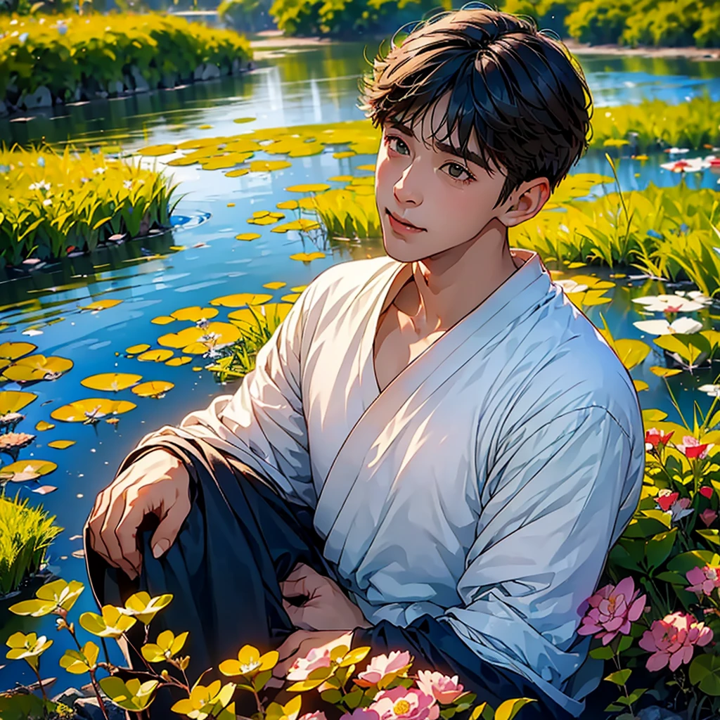 (in 8K、top-quality、masterpiece:1.2)、1 boy、short-haired、Hair short、Brown-skinned、Green View、