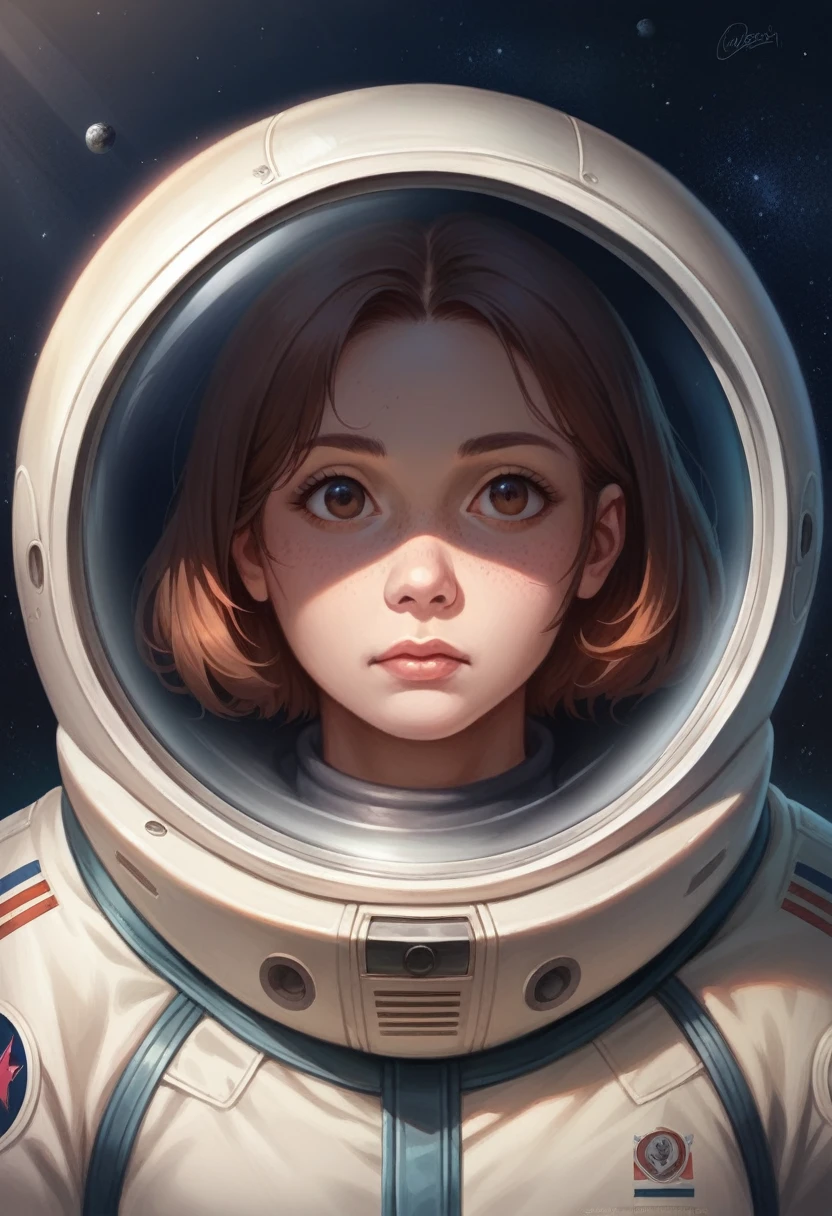 Illustration, detailed illustration, dynamic angle, ultra detailed, best quality, 1girl, 30 year old woman, short brown hair, big brown eyes, light freckles, space suit, window in background, starfield in background 