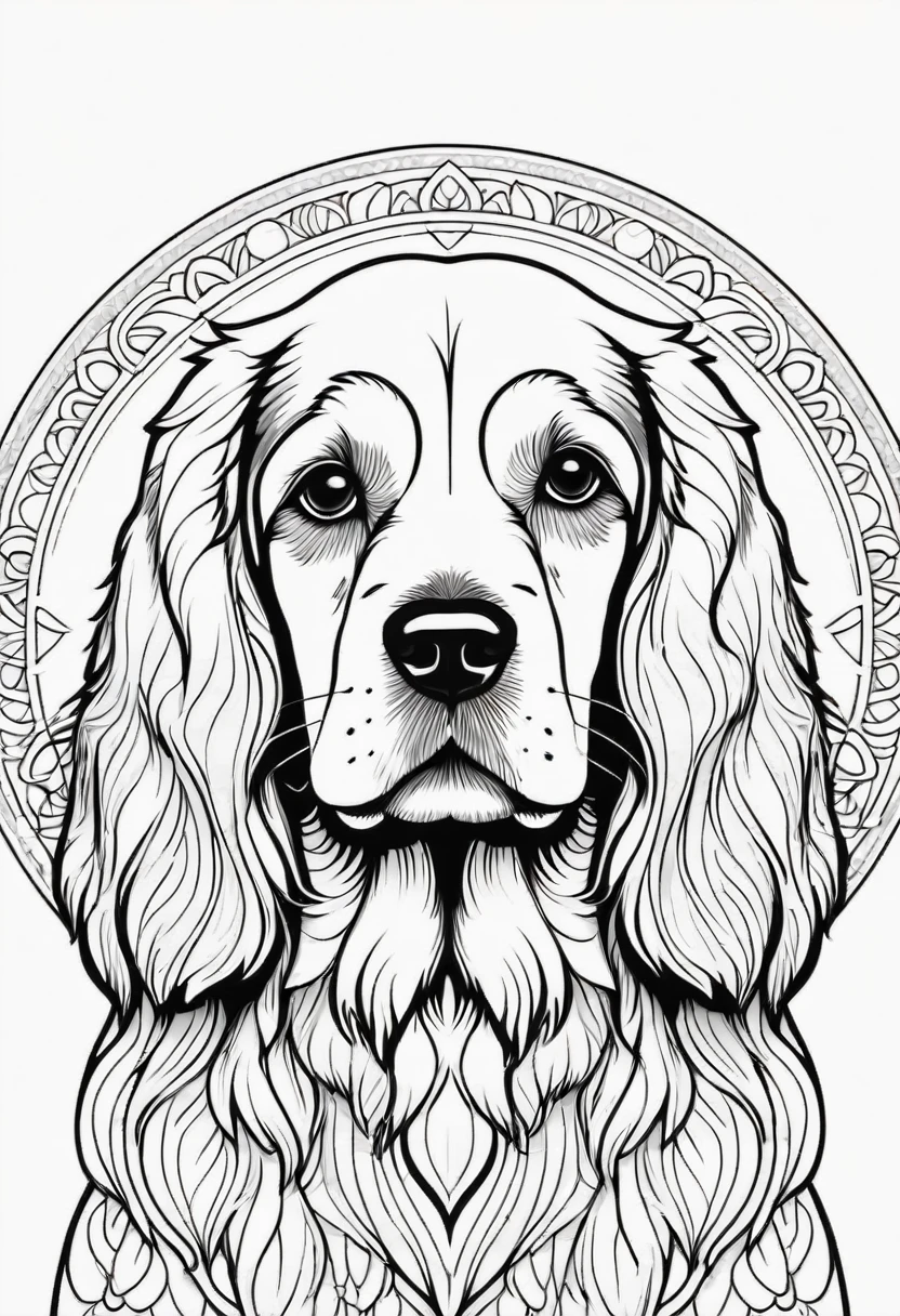 happy white and black cocker spaniel, Simplified Mandala style, outline, vector, white background