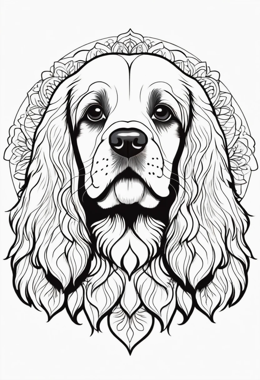 happy white and black cocker spaniel, Simplified Mandala style, outline, vector, white background