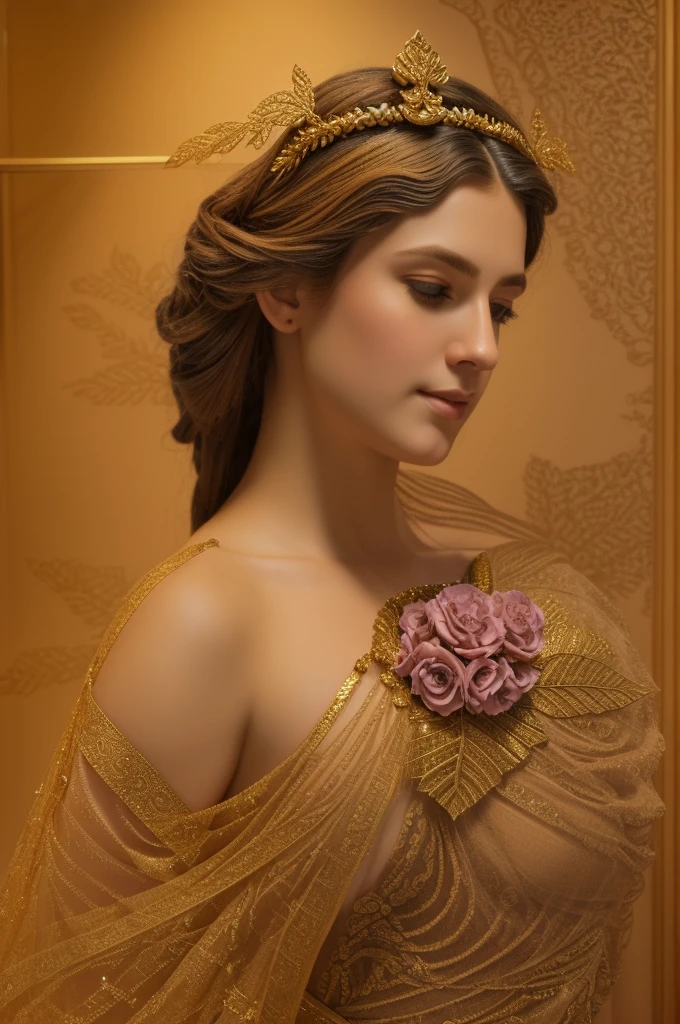 Extremely beautiful and intricate sculpture, (best quality,4K,highly detailed foto full body shot),ancient Greek-style stone statue of a woman, topless;  (thick) ((chubby)), soft skin, voluminous, seductive face expression, seductive smile, mesmerizing eyes, intricate headdress, delicate features, delicate carving details, smooth texture, captivating pose, elegant posture, radiant beauty, majestic presence, mystical aura, adorned with jewels and gold, regal attire, flowing robes, elaborate patterns, intricate engravings, rich color palette, warm earth tones, golden accents, soft lighting, dramatic shadows, mesmerizing gaze, enchanting atmosphere displaied in a museum