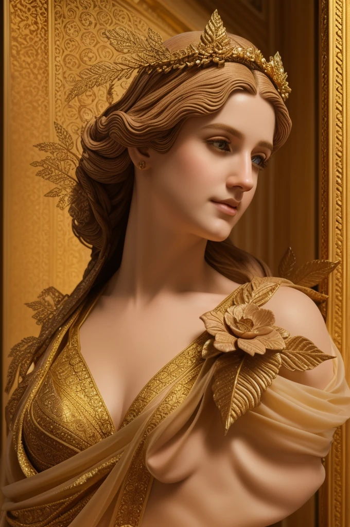 Extremely beautiful and intricate sculpture, (best quality,4K,highly detailed foto full body shot),ancient Greek-style stone statue of a woman, topless; (thick) ((chubby)), soft skin, voluminous, seductive face expression, seductive smile, mesmerizing eyes, intricate headdress, delicate features, delicate carving details, smooth texture, captivating pose, elegant posture, radiant beauty, majestic presence, mystical aura, adorned with jewels and gold, regal attire, flowing robes, elaborate patterns, intricate engravings, rich color palette, warm earth tones, golden accents, soft lighting, dramatic shadows, mesmerizing gaze, enchanting atmosphere displaied in a museum