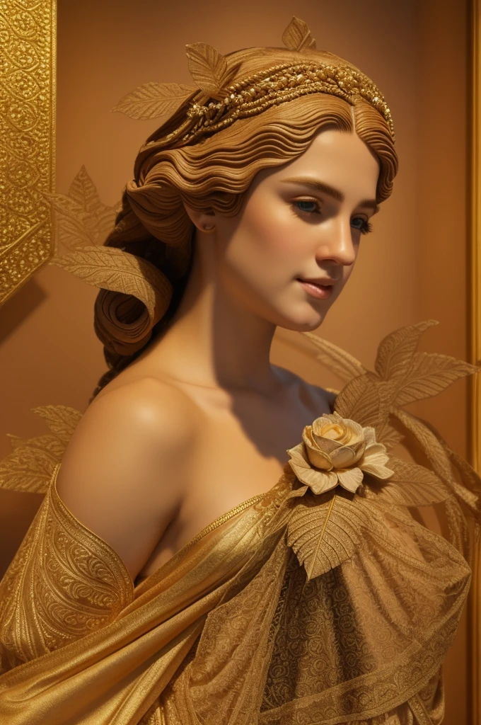 Extremely beautiful and intricate sculpture, (best quality,4K,highly detailed foto full body shot),ancient Greek-style stone statue of a woman, topless; (thick) ((chubby)), soft skin, voluminous, seductive face expression, seductive smile, mesmerizing eyes, intricate headdress, delicate features, delicate carving details, smooth texture, captivating pose, elegant posture, radiant beauty, majestic presence, mystical aura, adorned with jewels and gold, regal attire, flowing robes, elaborate patterns, intricate engravings, rich color palette, warm earth tones, golden accents, soft lighting, dramatic shadows, mesmerizing gaze, enchanting atmosphere displaied in a museum
