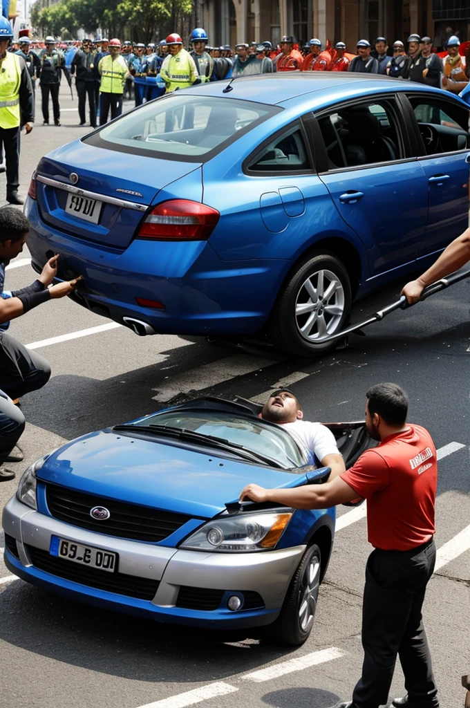 Man lifting car and hitting people who were trapped