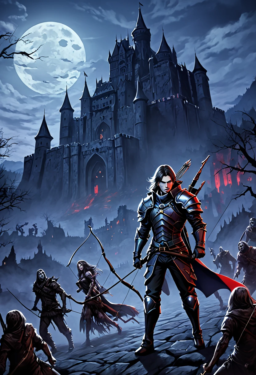 castlevania inspired Archer, creepy ambiance, anime style, horror theme, surrounded by zombies, Dracula's castle backdrop, futuristic fantasy
