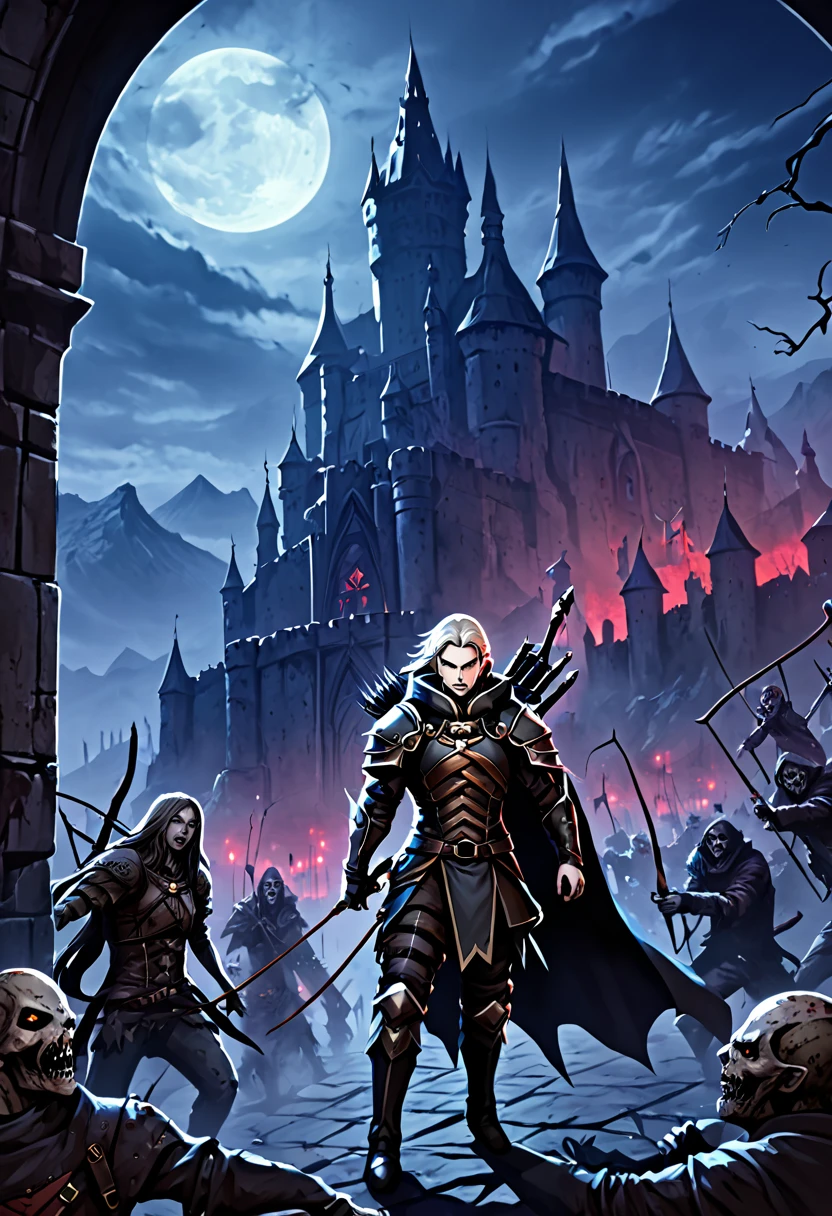 castlevania inspired Archer, creepy ambiance, anime style, horror theme, surrounded by zombies, Dracula's castle backdrop, futuristic fantasy
