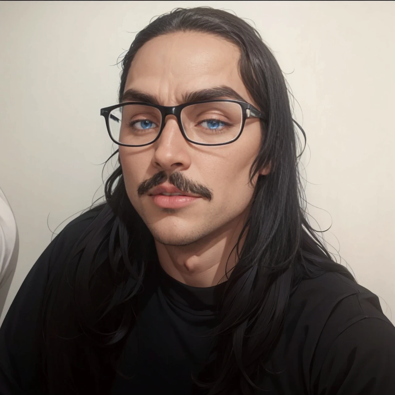masterpiece, best quality:1.4), portrait Solo, Handsome man, european, blue eyes, black hair, long black hair, pony tail, pale skin, casual clothes, serious eyes,