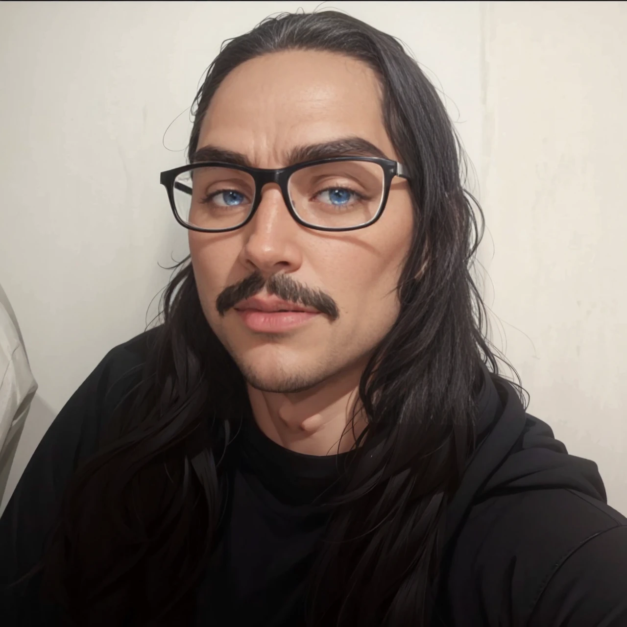 masterpiece, best quality:1.4), portrait Solo, Handsome man, european, blue eyes, black hair, long black hair, pony tail, pale skin, casual clothes, serious eyes,