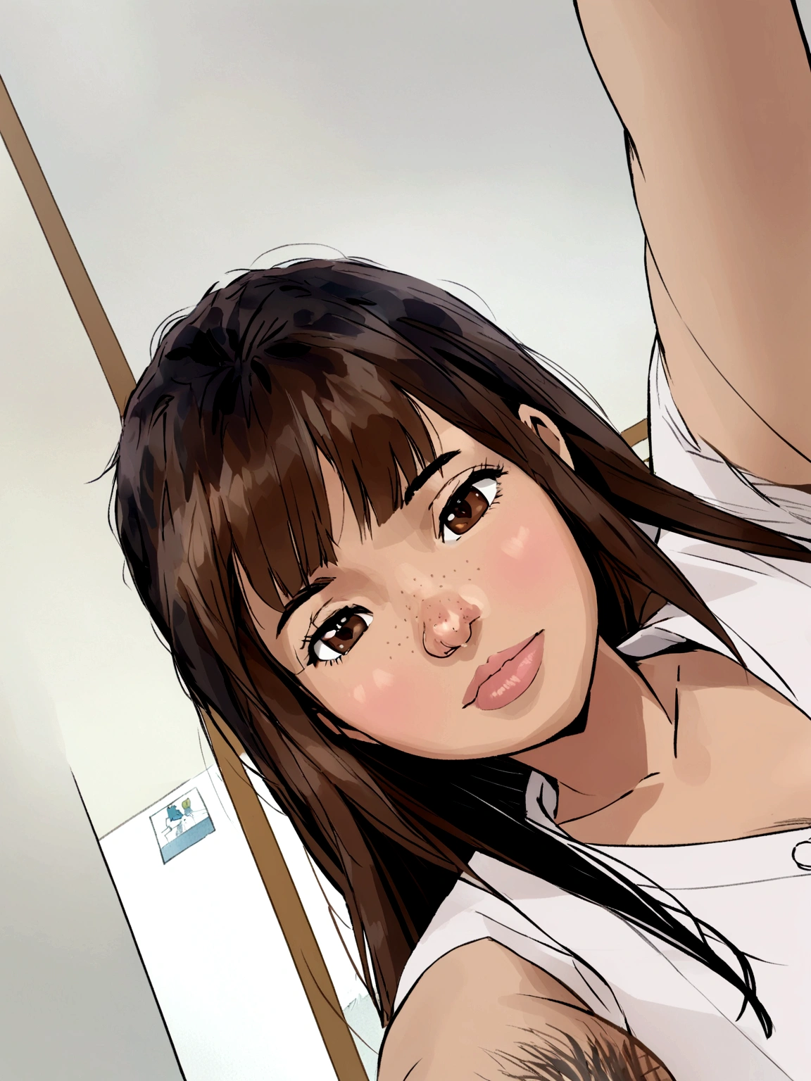 Young woman with long brown hair and short bangs parted in the middle, with white blouse presenting work at college, brown eyes, few freckles on the nose, square face. Pixar drawing style