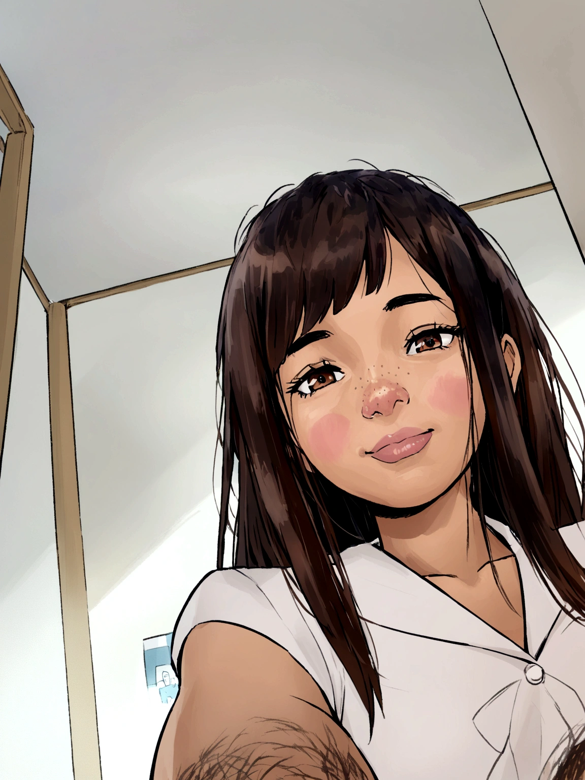 Young woman with long brown hair and short bangs parted in the middle, with white blouse presenting work at college, brown eyes, few freckles on the nose, square face. Pixar drawing style