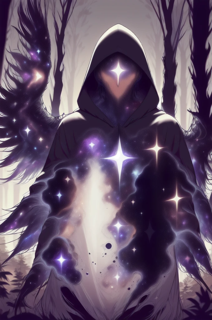 dark celestialskin body , void cosmic body, colored skin, flat color, jet black skin, a white cloak, hood on, holding an open book infront of him, silhouette,1boy,
portrait, upper body,in a forest , front view, holding a book, a flying book, flying pages.