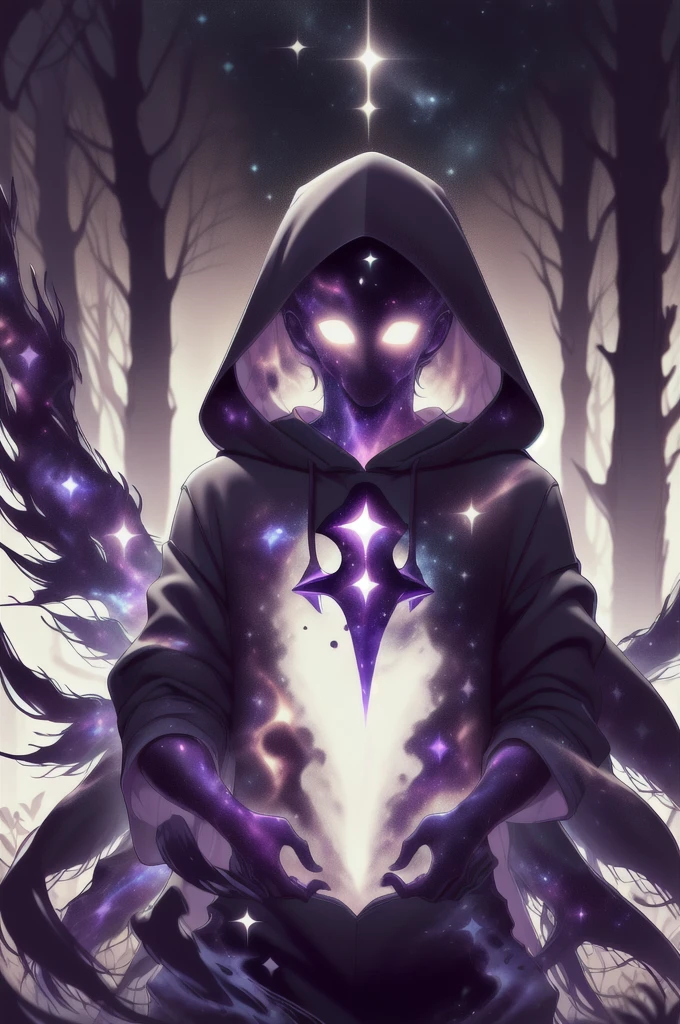 dark celestialskin body , void cosmic body, colored skin, flat color, jet black skin, a white cloak, hood on, holding an open book infront of him, silhouette,1boy,
portrait, upper body,in a forest , front view, holding a book, a flying book, flying pages.
